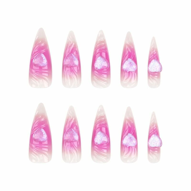 24pcs Long Stiletto French Fake Nails Pink 3D Heart False Nails Full Cover Halo Dyed Nail Press on Nails DIY Detachable