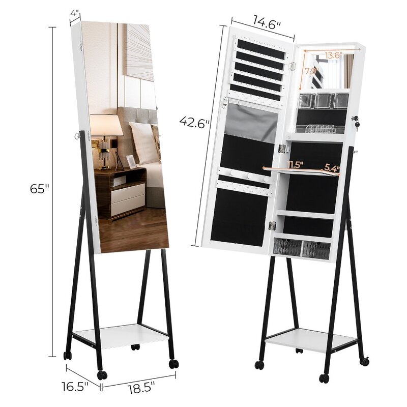 Full Mirror Wooden Floor Type Cabinet, Jewelry Storage Mirror, White Light Strip, 1 Shelf, 4 Wheels