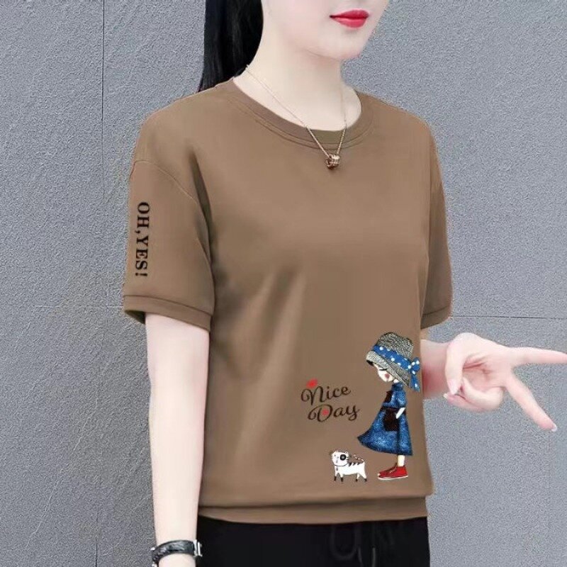 Summer Women's Clothing Casual O-Neck Cartoon Printed T-shirt 2024 Fashionable All-match Short Sleeve Commute Tops for Female