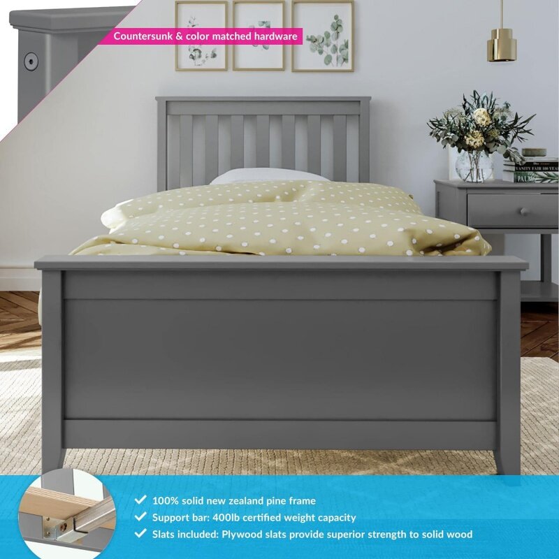 Max & Lily Twin Bed Frame with Slatted Headboard, Solid Wood Platform Bed for Kids, No Box Spring Needed, Easy Assembly, Gre