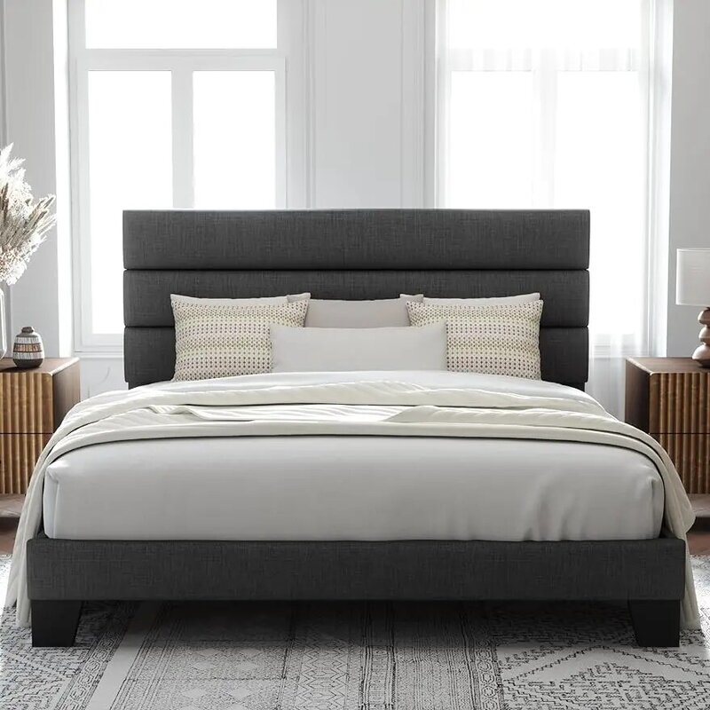 إطار سرير مع دعامة خشبية للسرير ، إطار سرير مع لوح رأس وشرائح منجد من القماش ، لون رمادي غامق