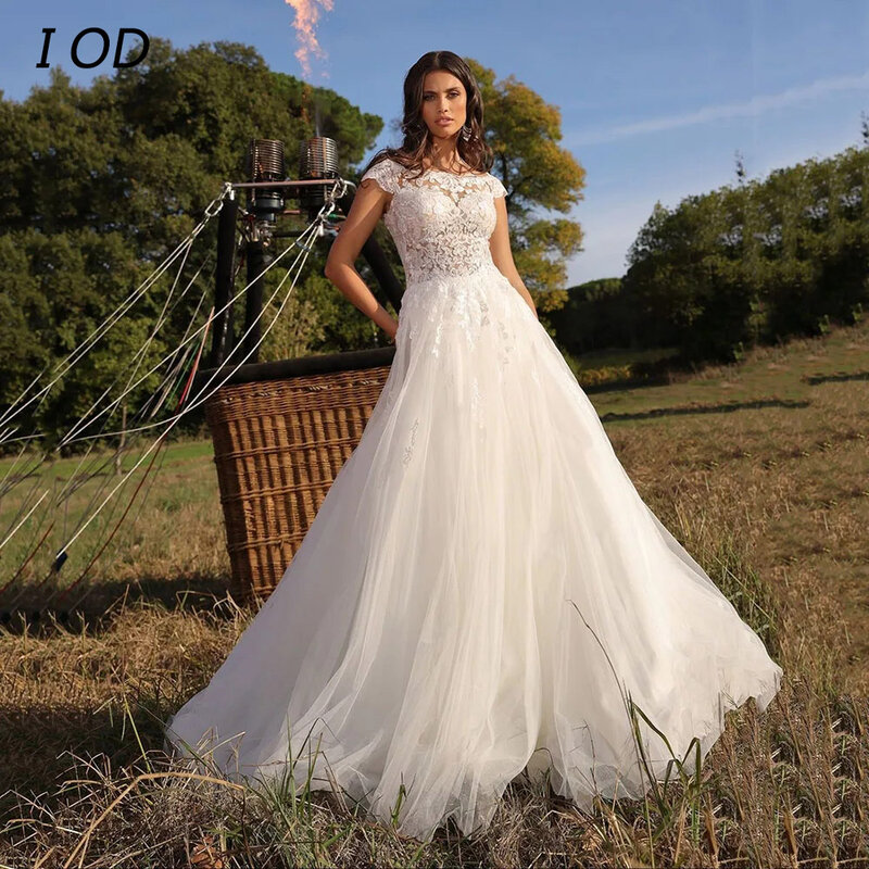I OD Elegant O-Neck Wedding Dress Lace Applique Cap Sleeves Illusion Button Tulle Bridal Gown Floor Length Vestidos De Novia New