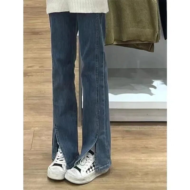 5xl Schlitz Jeans weiblich Herbst Winter Design Sinn hohe Taille große Größe 5xl gerade Bein Hosen Wisch hose High Street Tide Ins