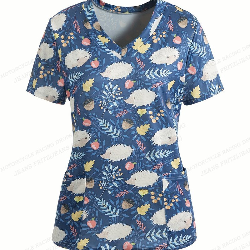 Uniforme da infermiera da donna zampa di animale stampa 3d tasca con scollo a v scrub da allattamento top Cute Cat Workwear t-shirt tuta uniformi mediche