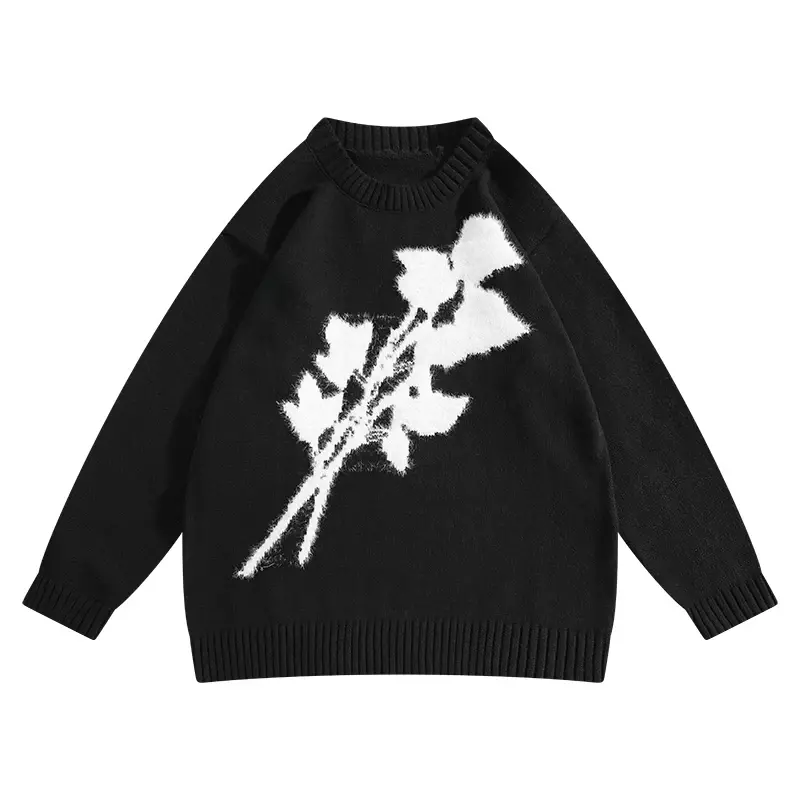 Autumn Winter Rose Jacquard Knitted Sweaters Men and Women Fashion Street Japanese High-end Casual Versatile Couple Pullover Top