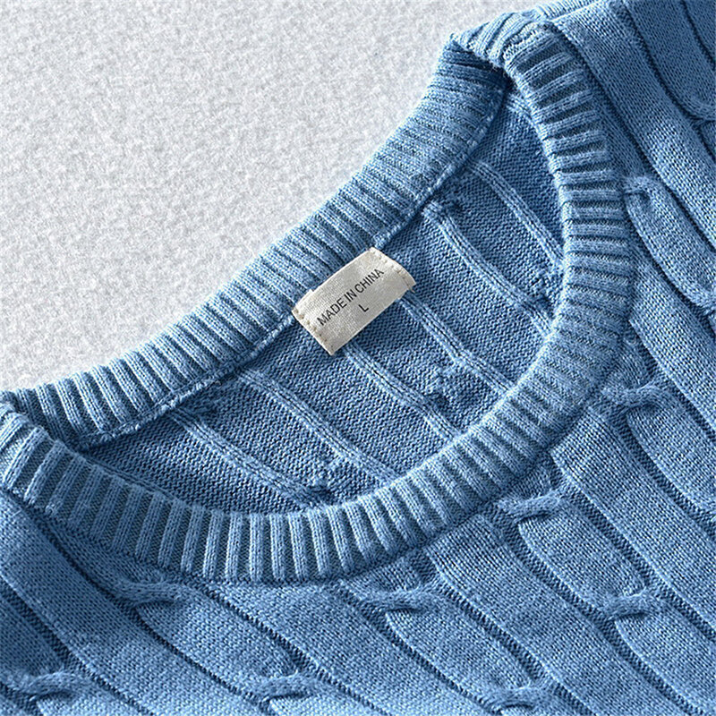 Sweater rajut pria katun 100% baju Sweater katun rajutan kabel awal musim gugur kualitas tinggi pakaian pria leher-o