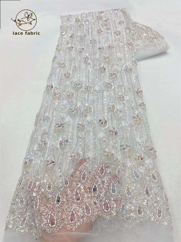 Tela de encaje con cuentas hechas a mano para novia francesa, tela de tul con lentejuelas nigerianas de lujo, exquisita, para bricolaje y boda