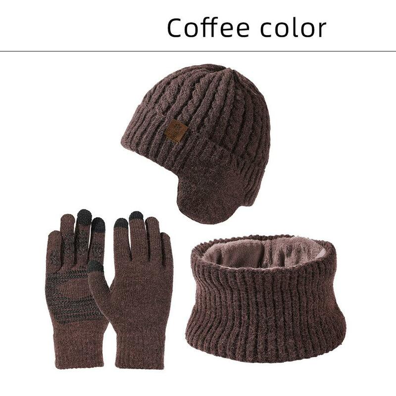 男性用の帽子とスカーフの手袋のセット,ニットの帽子,厚くて暖かい帽子の手袋,屋外,防風,3個,冬