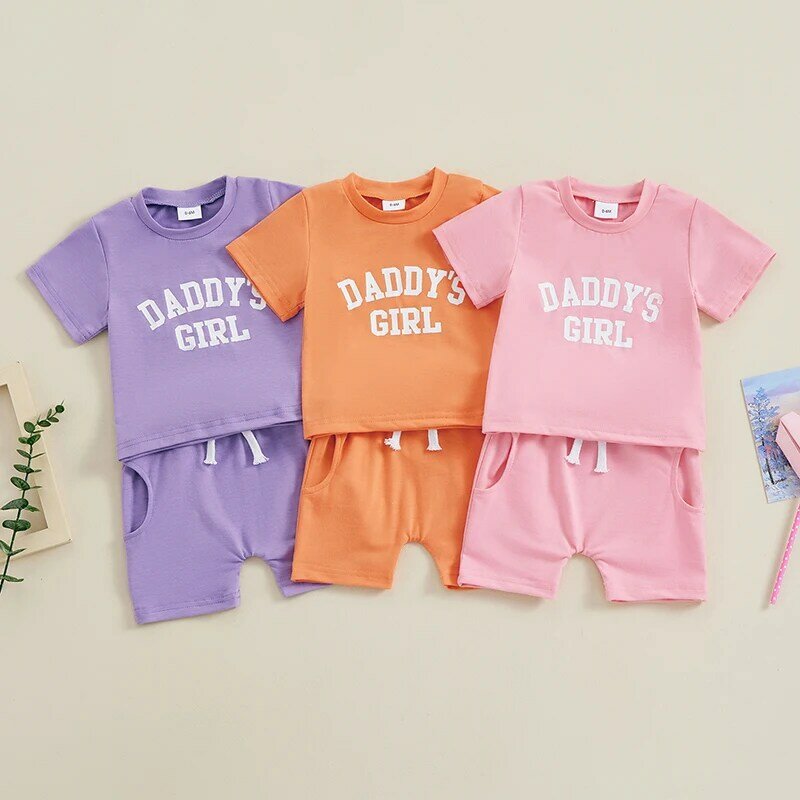 Camiseta estampada com letras de manga curta para bebês com cintura elástica, conjunto infantil de verão 2 peças de 0 a 3 anos