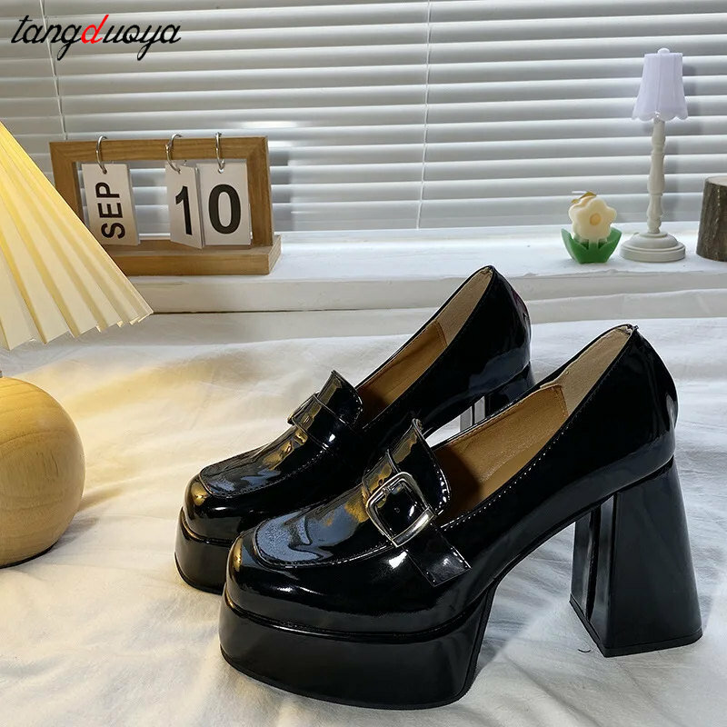 Pu Leather Loafers Women Chunky Heels Lolita High Heels 2024 Gothic Black Office Shoes Woman Preppy Style Jk Uniform Shoes