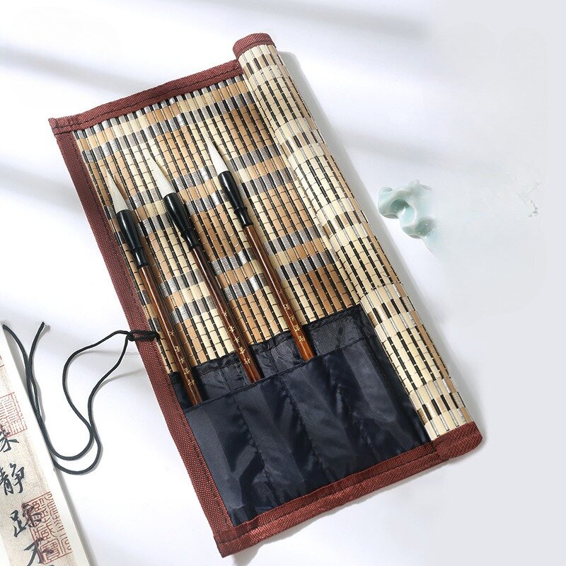 Cortina de pluma de estilo antiguo de bambú, bolsa de pluma de cuatro lados, almacenamiento de pinceles de caligrafía portátil, bolsas de caligrafía de pintura para estudiantes de arte
