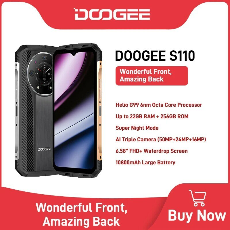 DOOGEE-S110 Telefone robusto, estreia mundial, 6,58 "FHD Waterdrop Screen, Helio G99 Octa Core, carregamento rápido 66W, bateria 10800mAh