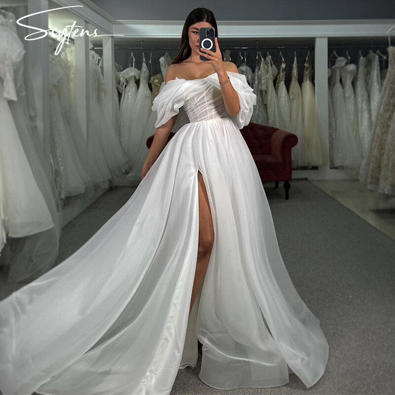فستان زفاف من الأورجانزا الأبيض ، مكشوف الكتفين ، فساتين عروس مصنوعة خصيصًا ، انقسام جانبي مثير