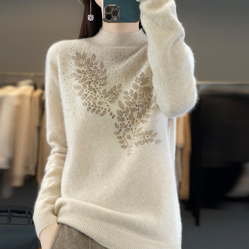 Women's Pullover Pure Woolen Sweater Slim Fit Hot Diamond Knitted Thick and Warm 2024 Autumn/Winter New Half High CollarCashmere