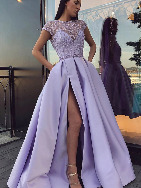 Женское атласное платье с разрезом сбоку, романтичное привлекательное ТРАПЕЦИЕВИДНОЕ платье для выпускного вечера, 2024