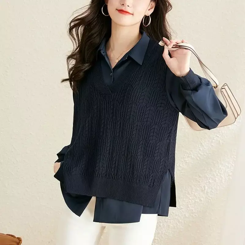 Office Lady Turn-down Collar Shirt Autumn Basic Fake Two Pieces Stylish Knitted Patchwork Loose Korean Long Sleeve Blouse PH335