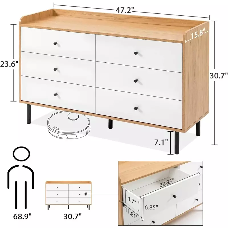 Dresser Bedroom with Metal Handle, Sturdy Frame Modern Bedroom Furniture, Chest of 6 Drawers