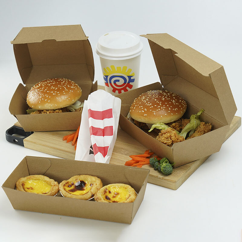 Produk disesuaikan grosir kotak Hamburger kelas makanan kustom wadah kemasan makan siang lipat untuk ayam goreng Perancis
