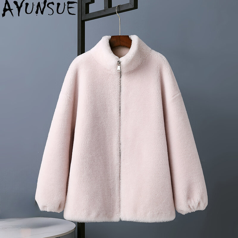 AYUNSUE-Veste de tonte de mouton pour femme, manteau en fourrure combiné, col montant, 2023 laine, décontracté, automne, hiver, nouveau, 100%