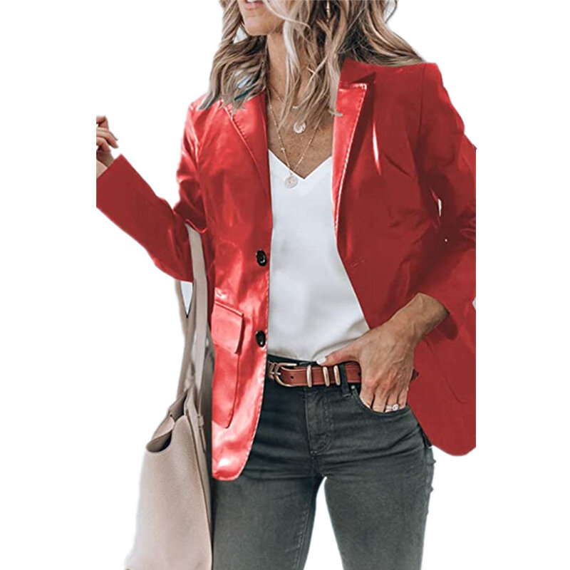 Куртка женская из искусственной кожи, шикарный винтажный модный однотонный пиджак в стиле Харадзюку, Повседневная Уличная одежда с длинным рукавом и лацканами