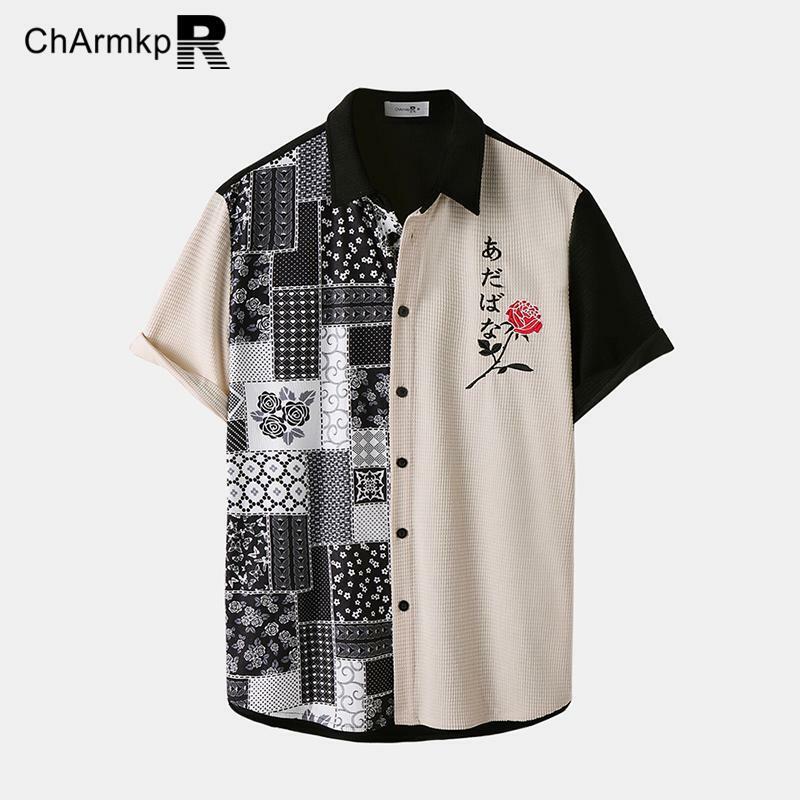 ChArmkpR-Conjunto de pantalones cortos para hombre, camisa de manga corta, PANA con bordado de rosa, dos piezas, verano, 2024