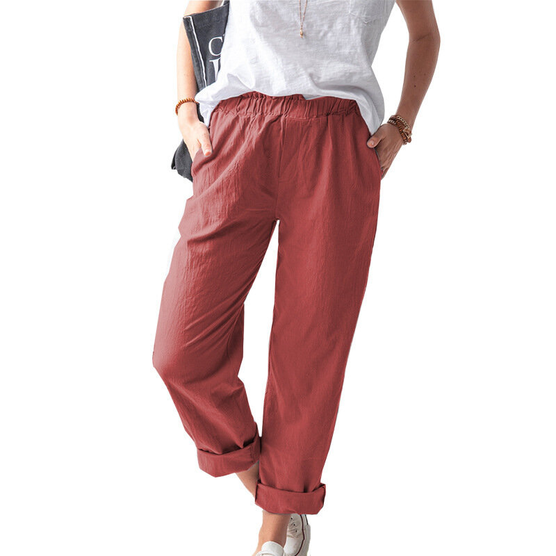Celana panjang katun wanita, celana panjang lurus pinggang tinggi elastis kasual warna Solid