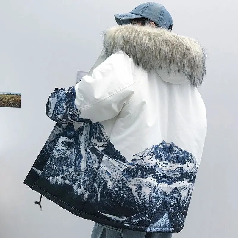 Masculino casaco de algodão dos homens do vintage hip hop com capuz acolchoado jaqueta harajuku graffiti impresso parka gola de pele de inverno casal outwear