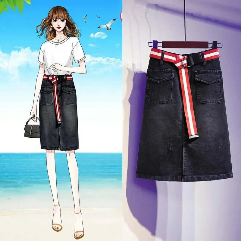 Spring/Summer High Waist Split Denim Skirt Mid Length Slim Wrapped Hip Half A-line Skirts With Belt Female Stretch Casual Wear