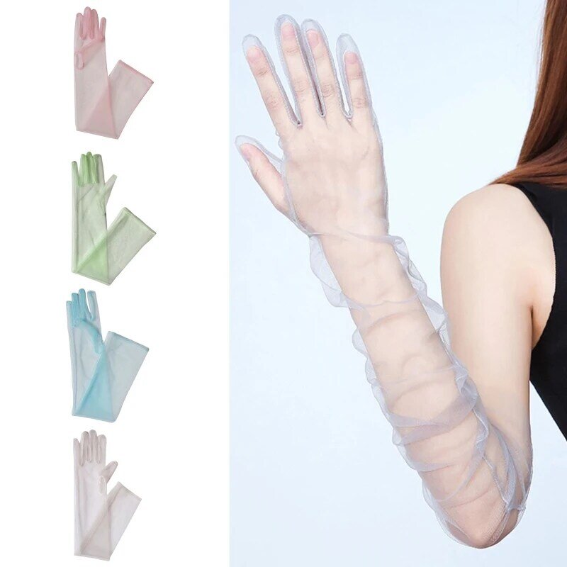 E15E 55cm Thin Gloves Sheer Tulle Gloves Dress Gloves for Halloween Costume
