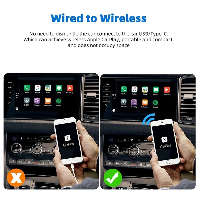 EKIY adaptor otomatis Android, kotak putar mobil Mini berkabel ke nirkabel Carplay, kotak Ai pintar Bluetooth WiFi Spotify, colokan USB pintar
