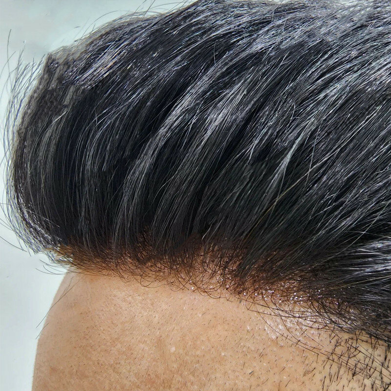 Rambut palsu pria keriting 20mm warna hitam dasar Pu penuh kulit tipis tahan lama Sistem prostesis rambut manusia pria garis rambut alami