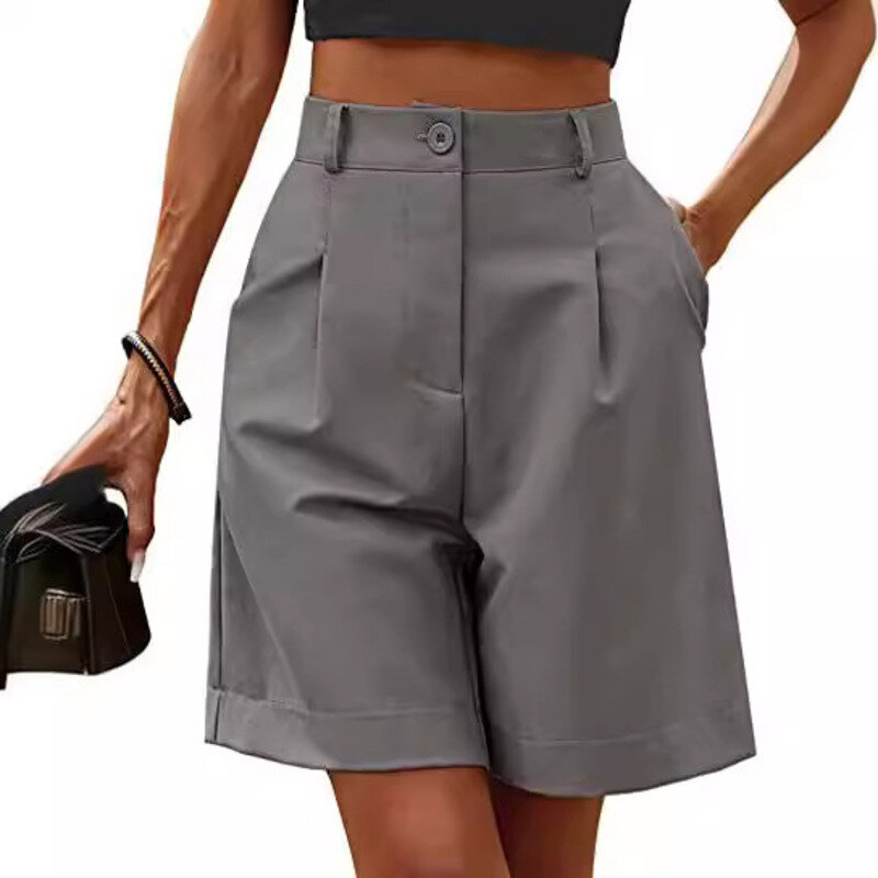 Celana pendek pantai Capris kaki lebar wanita, celana pendek kasual lurus longgar pinggang tinggi tipis nyaman Musim Panas 2024