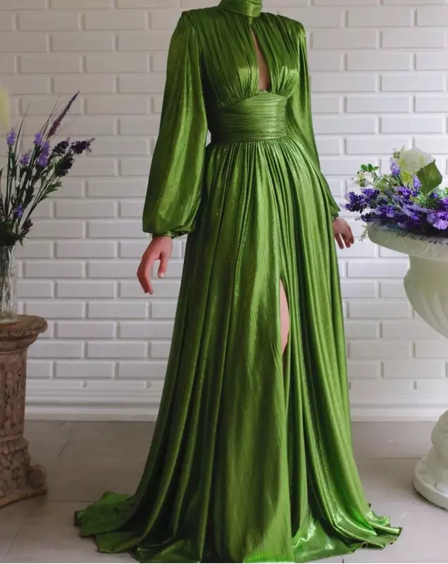 Elegant Prom Dresses For Women A-line Solid Fashion Waist High Neck Swing Long Sleeve Vestidos Evening Party Maxi Dress Female