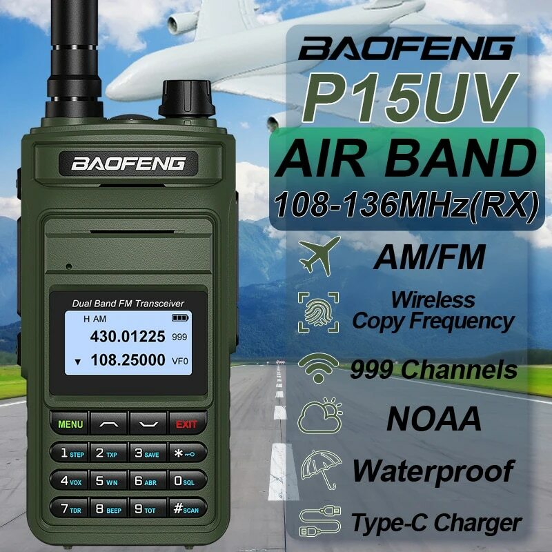 Рация Baofeng P15UV Air Band FM/AM, беспроводная радиостанция с большим радиусом действия, мультидиапазонная двухсторонняя радиостанция NOAA с частотой копирования, Type-C, Любительская