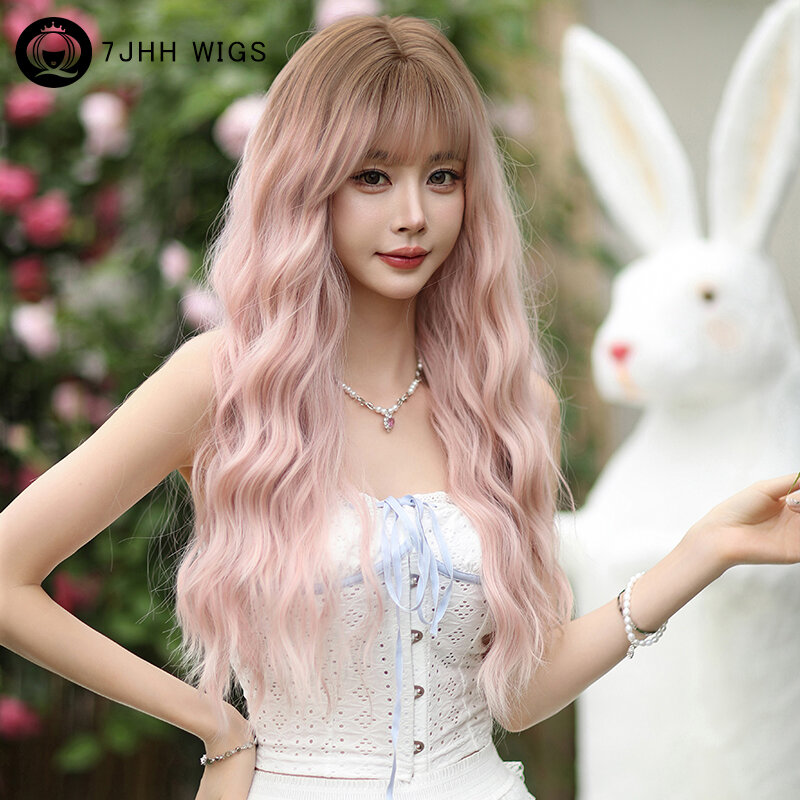 7JHH WIGS Costume Wig Synthetic Pink Ombre Blonde Wig for Women Fashion Long Body Wavy Wigs with Bangs High Density Lolita Wig