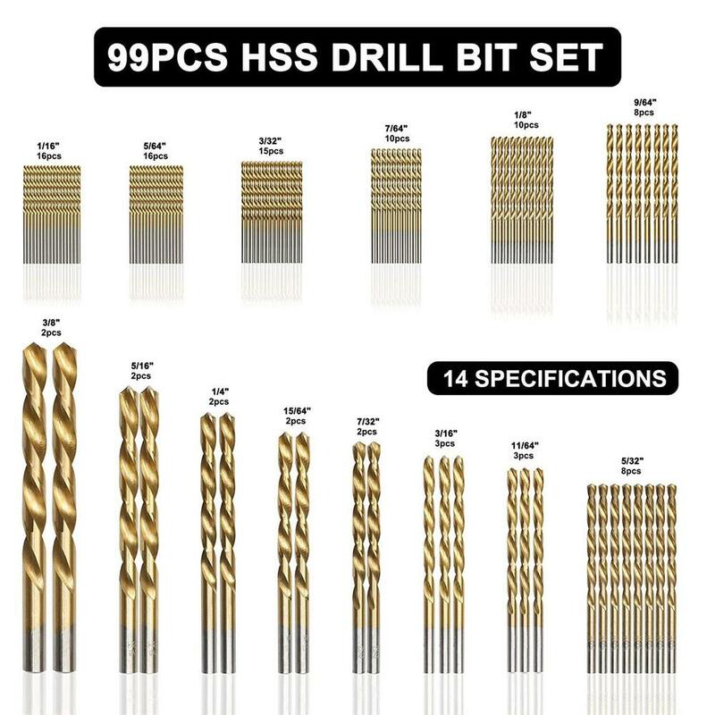99pcs 1/4 "-1/16" Twist Drill Set Anti-ferrugem Proteção ao Desgaste Aço de Alta Velocidade Titânio Revestido Broca Pouso