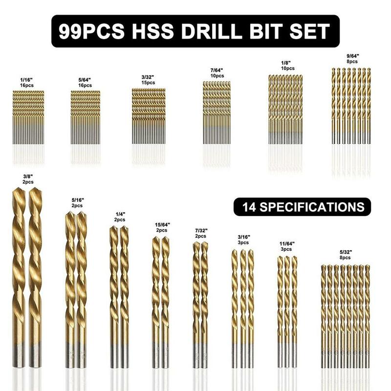 99 stuks 1/4 "-1/16" Twist boor set anti-roest slijtage bescherming hoge snelheid staal titanium gecoate boor