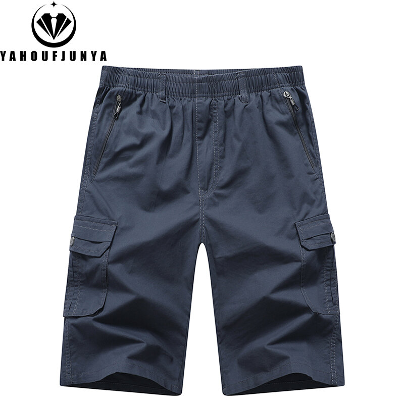 2024 Men Summer Thin Solid Color Straight Cargo Shorts Pants Men Multi Pockets Elastic Waist Outdoors Casual Fashion Pants Male
