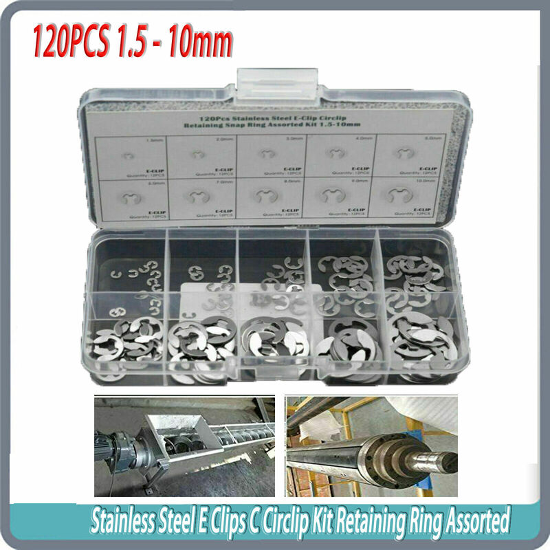 Kit de Clips E de acero inoxidable, anillo de retención surtido de 1,5-10mm, 120 piezas