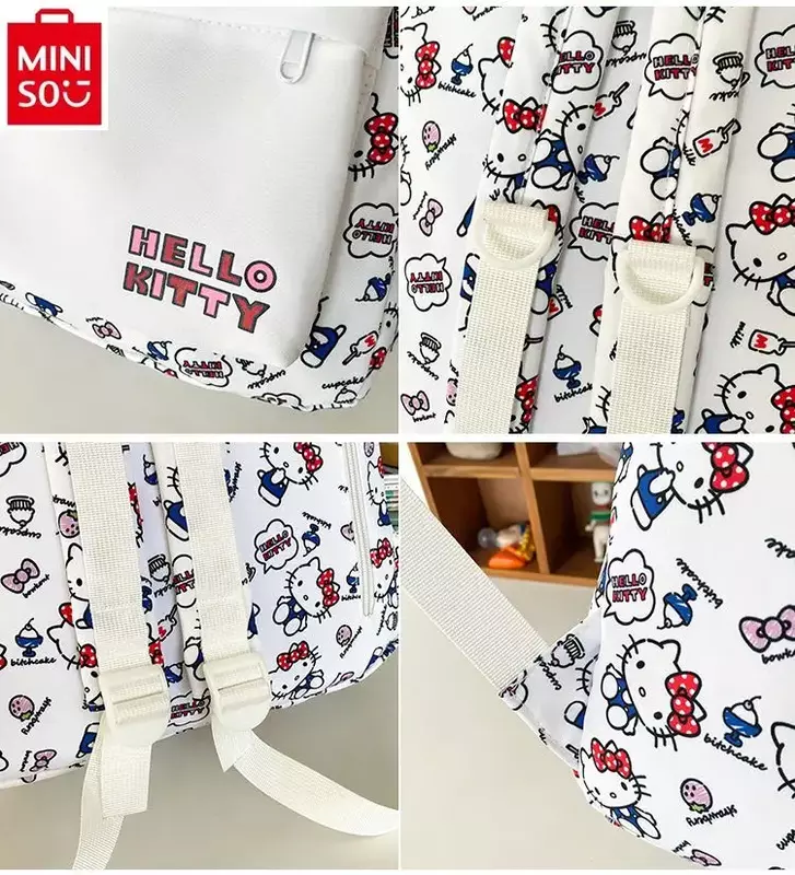 MINISO sanrio Hello Kitty mochila de gran capacidad con estampado de dibujos animados para mujer, mochila de almacenamiento multifuncional de ocio