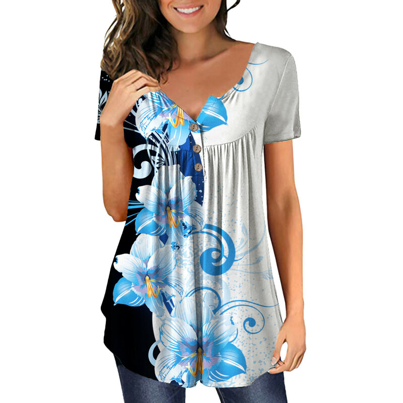 女性用半袖シャツ,花柄のヴィンテージブラウス,ゆったりとしたボタン,カジュアルスタイル,大きいサイズ,夏