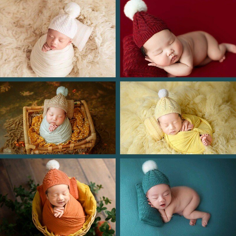 2023 newborn torção pom hat com travesseiro conjunto para adereços de fotografia, adereços de foto do bebê