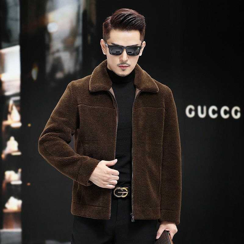 Мужская зимняя куртка с отложным воротником, однотонная теплая куртка из натурального меха ягненка с длинным рукавом, пальто из натурального меха, I542, 2023