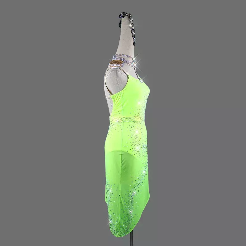 Vestido de baile latino para mujer, traje verde fluorescente con diamantes de imitación brillantes, ropa de práctica de rendimiento de competición, vestido de salón de Salsa