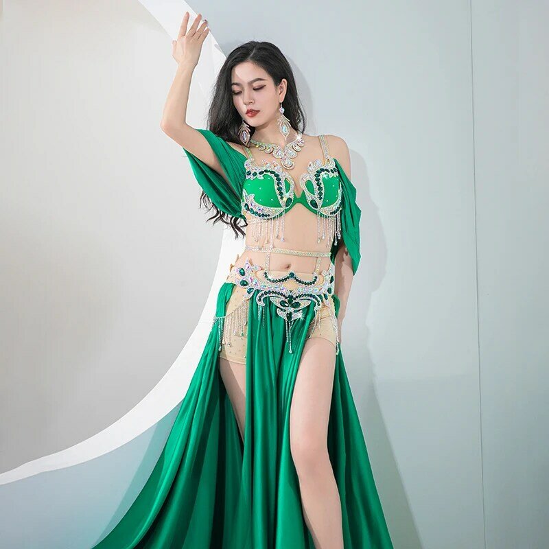 Belly Dance Performance Suit Senior AB Stones Bra+satin Split Long Skirt 2pcs for Women Oriental Belly Dancing Popsong Suit
