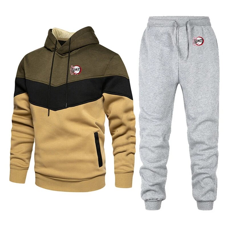 Demon Slayer Men's New Spring and Autumn Printing Kamado Tanjirou Graphic Hoodie Sweatpants Casual Three-Color Stitching Suit