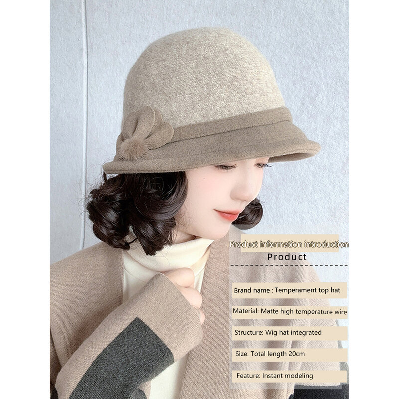 Chapéu de pescador de lã grossa, cabelo encaracolado curto, peruca preguiçosa, envelhecimento estilo estrangeiro, moda outono e inverno