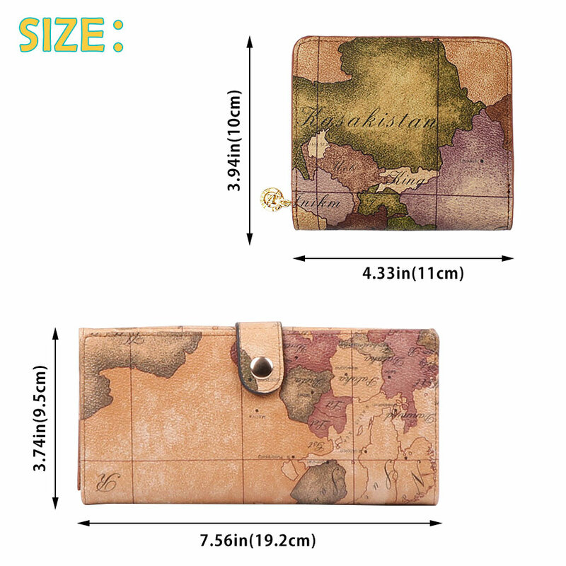 女性と男性のための世界地図付きのビンテージスタイルの財布,ジッパー付きの革の財布,カードホルダー