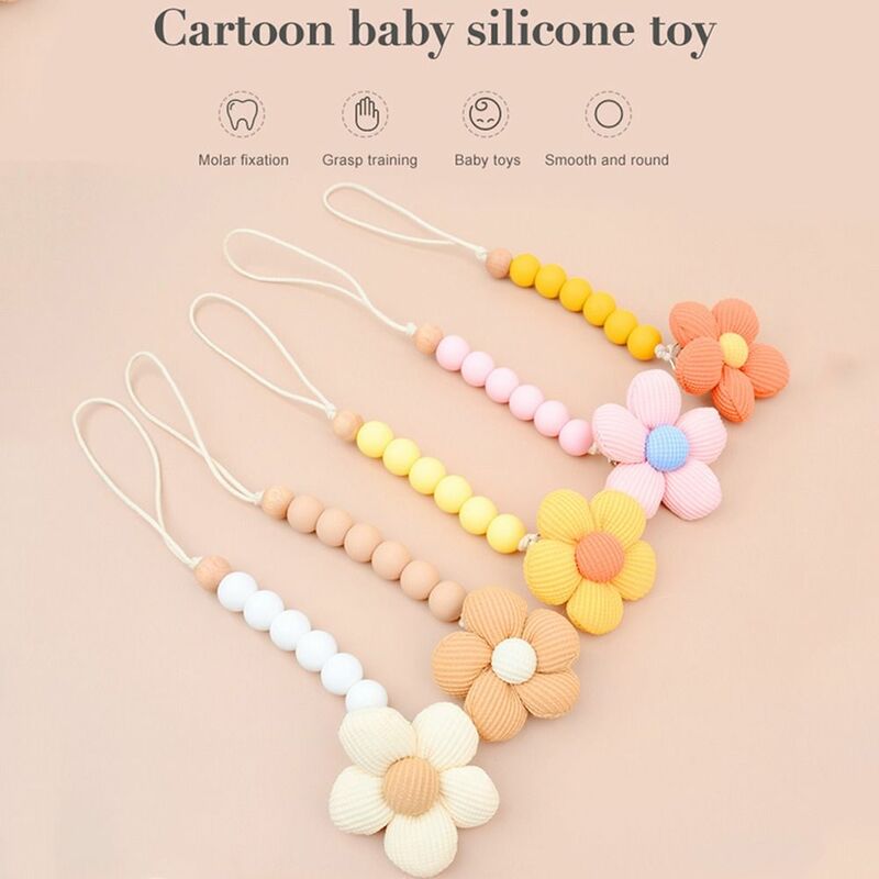 Wood Flower Baby Pacifier Chain Silicone Bead Adjustable Nipple Holder Clips Teether Toys Straps Dummy Clips Soother Holder