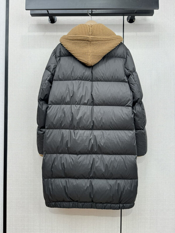 Jaqueta longa e solta com chapéu de malha, design de emenda, quente e aconchegante, novo, inverno, 1118, 2023